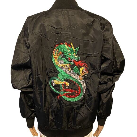 Vintage Chinese Dragon Embroidered Men Running Windbreaker Jacket Black Zip Up L - Picture 1 of 9